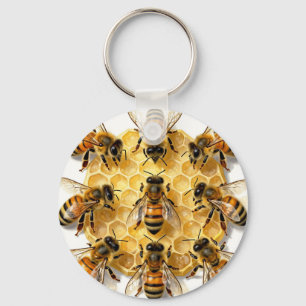 Honigbienen auf einem sechseckigen Honigwabenkreis Schlüsselanhänger