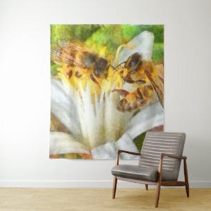 Honigbienen auf Lemon Blossom Wasserfarben Kunst Wandteppich