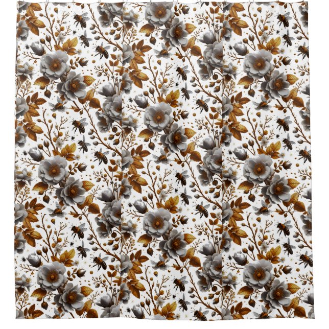 Honigbienen Blüten und Blätter Muster doodle Kunst Duschvorhang (Vorderseite)