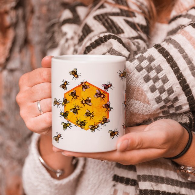Honigbienen mit orangegelbem Hexagon zeichnend Kun Kaffeetasse (Von Creator hochgeladen)