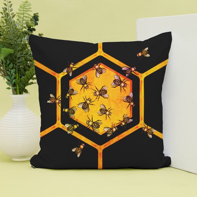 Honigbienen mit orangegelbem Hexagon zeichnend Kun Kissen (Von Creator hochgeladen)