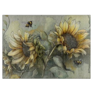 Honigbienen summen zwischen Sonnenblumen Schneidebrett