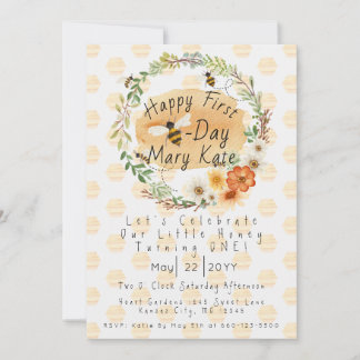 Honigbienen und Blume zum ersten Geburtstag Einladung