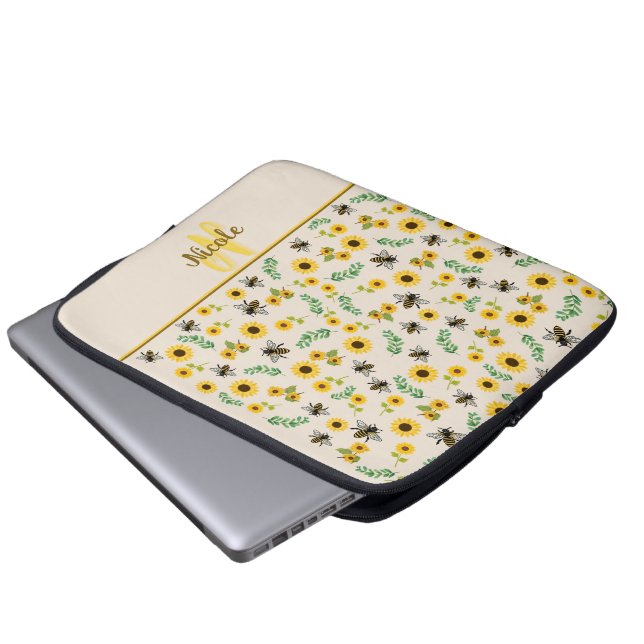 Honigbienen und Sonnenblumen Laptopschutzhülle (Vorne Knopf)