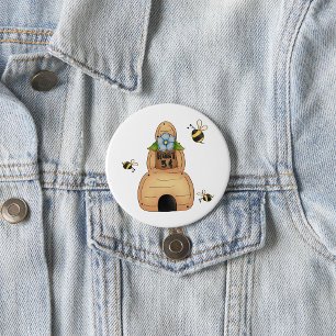 Honigbienenstock mit blauer Blume und Bienen Button