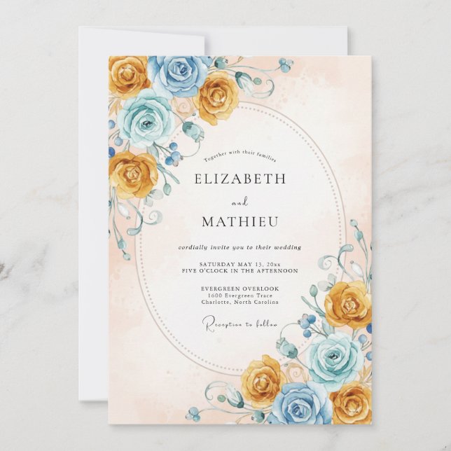 Honigblaue Rosenhochzeit Einladung (Vorderseite)