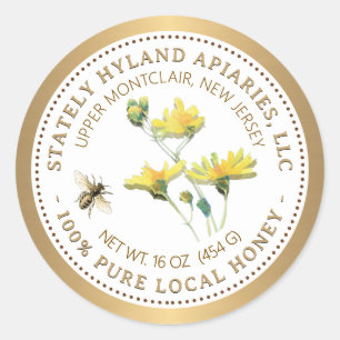 Honigetikett Gelbe Blume Biene und Goldgrenze Runder Aufkleber