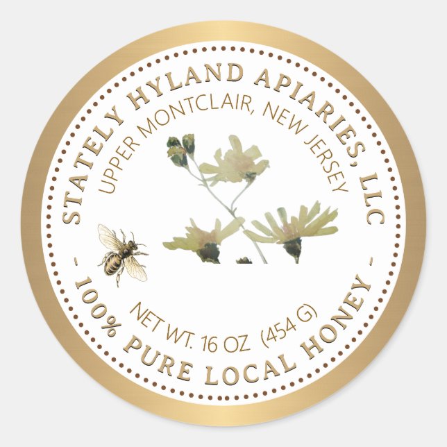 Honigetikett Gelbe Blume Biene und Goldgrenze Runder Aufkleber (Vorderseite)