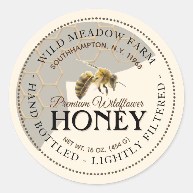 Honigetikett mit Honigwabe und Biene Runder Aufkleber (Vorderseite)