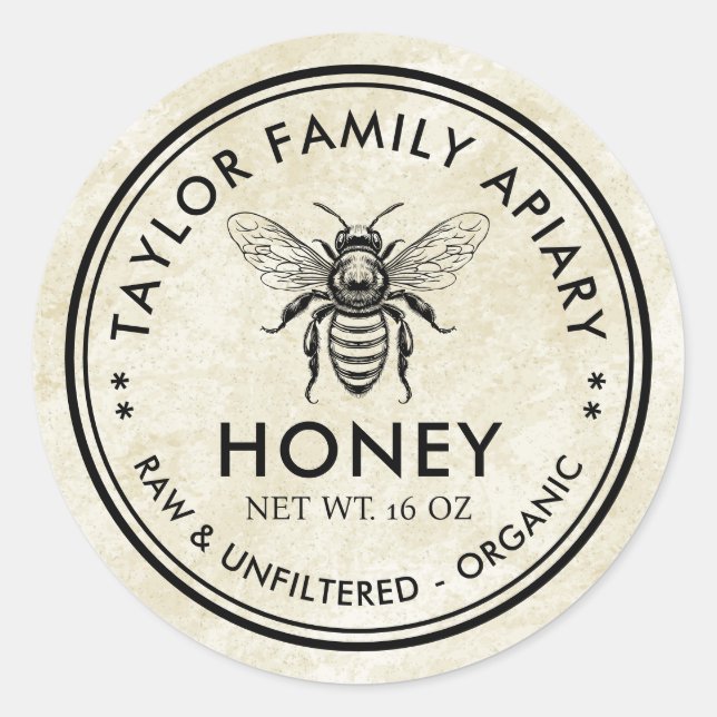 Honigetikett mit Vintagem Gefühl und Honigbiene Runder Aufkleber (Vorderseite)