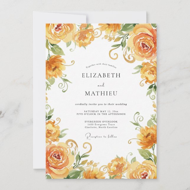 Honiggelber Rosenhochzeit-Blush Einladung (Vorderseite)