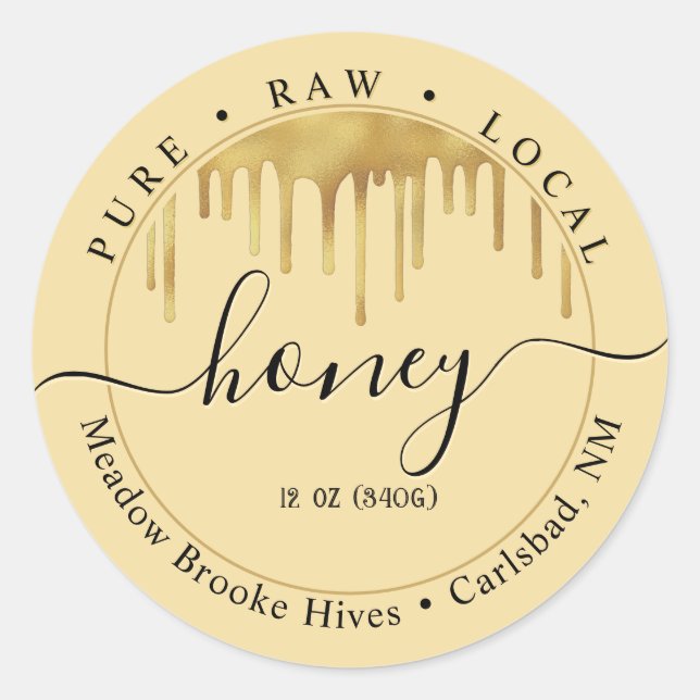 Honiggelbes Etikett mit Tropfen und dekorativem Sc Runder Aufkleber (Vorderseite)