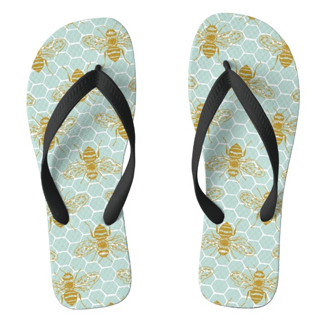Honigwabe Aquamarin und Bienen Flip Flops (Fußbett)