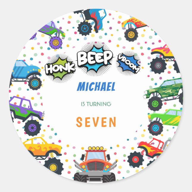 Honk Piep Monster Trucks Junge Geburtstag Runder Aufkleber (Vorderseite)