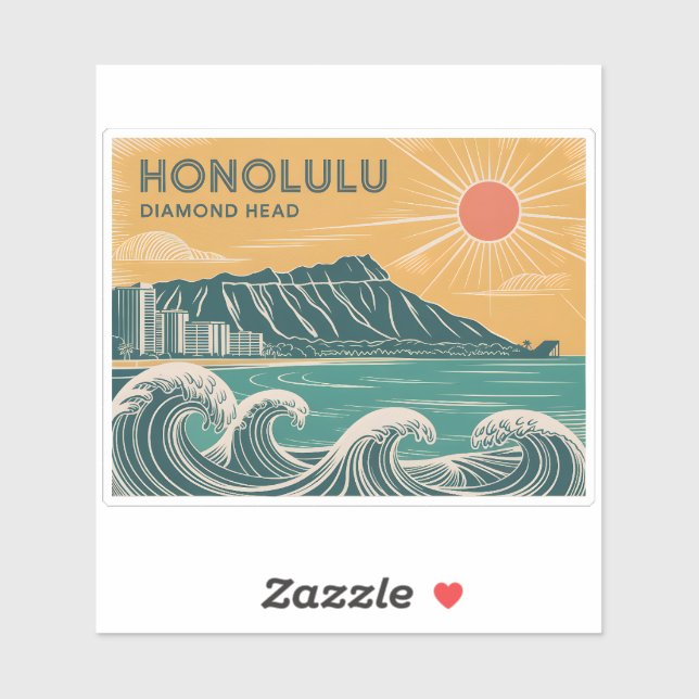 Honolulu Diamond Head Oahu Waikiki Retro Minimal Aufkleber (Blatt)