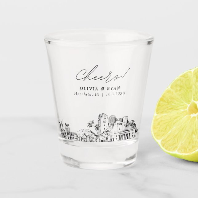 Honolulu Gastgeschenk Hochzeit Personalisiert Chee Schnapsglas (Vorderseite)