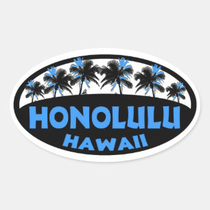 Honolulu Hawaii blaue schwarze Palmen ovale Aufkle Ovaler Aufkleber