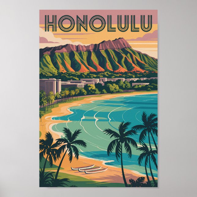 Honolulu Hawaii Illustration Travel Art Vintag Poster (Vorne)