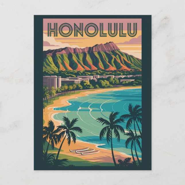 Honolulu Hawaii Illustration Travel Art Vintag Postkarte (Vorderseite)