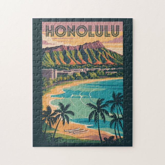 Honolulu Hawaii Illustration Travel Art Vintag Puzzle (Vertikal)