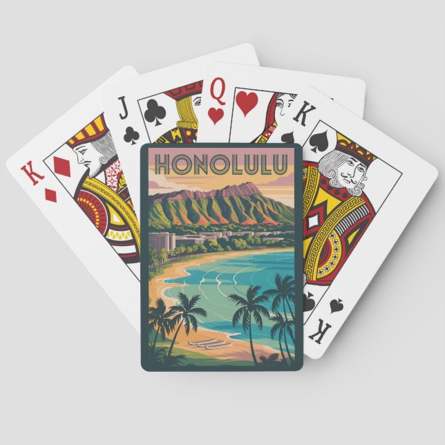 Honolulu Hawaii Illustration Travel Art Vintag Spielkarten (Rückseite)