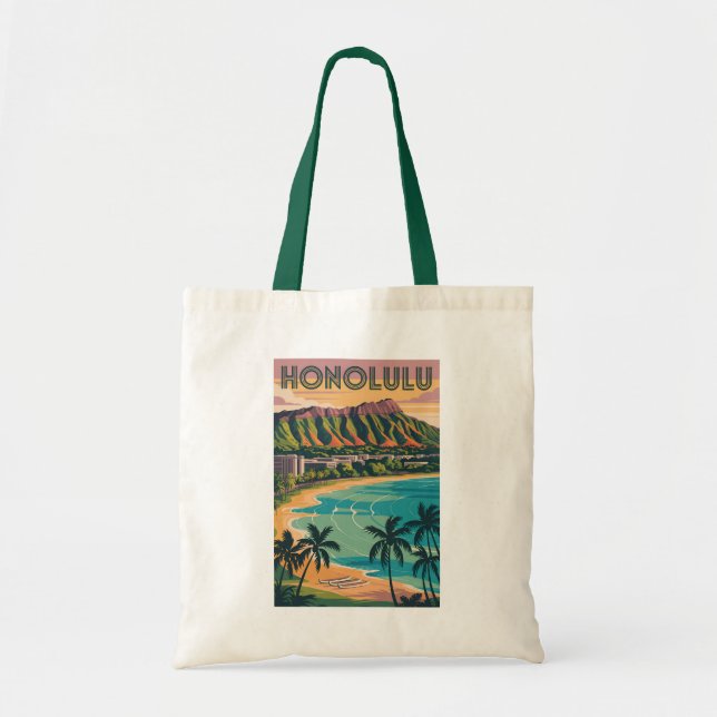 Honolulu Hawaii Illustration Travel Art Vintag Tragetasche (Vorne)