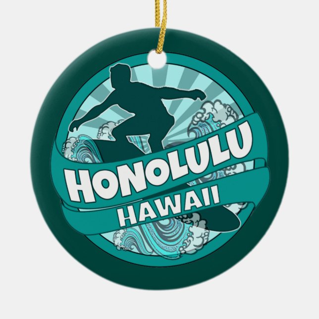 Honolulu Hawaii Logo für aquamarine Surfer Keramik Ornament (Vorne)