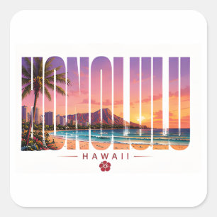 Honolulu Hawaii Moderner Waikiki-Strand Reise Quadratischer Aufkleber