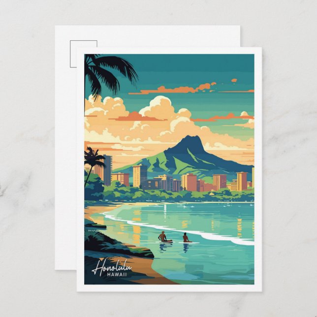 Honolulu Hawaii Reisen Vintage Abbildung Postkarte (Vorne/Hinten)