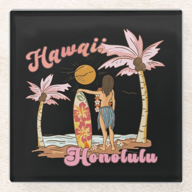 Honolulu Hawaii Retro Surf Tropischer Strand Glasuntersetzer (Vorderseite)