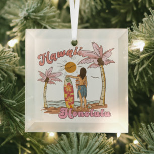 Honolulu Hawaii Retro-Surf Tropischer Strand Ornament Aus Glas