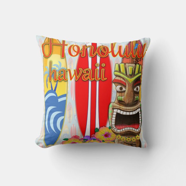 Honolulu Hawaii Tiki Surf Kissen (Vorderseite)