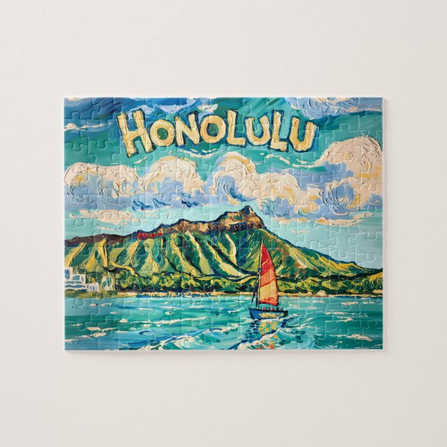 Honolulu Hawaii Vintage Travel Van Gogh Landscape Puzzle (Horizontal)