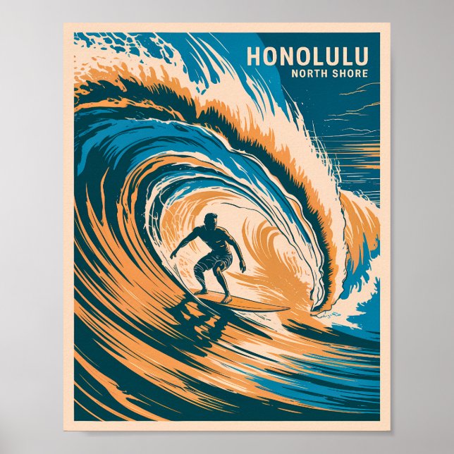 Honolulu North Shore Retro Surfing Hawaii Waves Poster (Vorne)