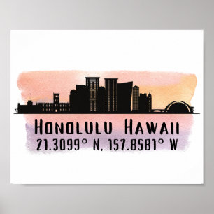 Honolulu Skyline Latitude und Längengrad Print Poster