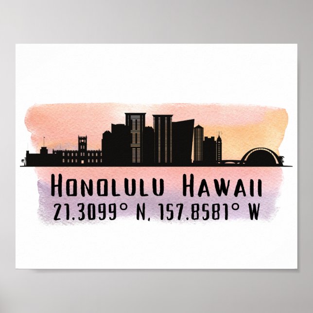 Honolulu Skyline Latitude und Längengrad Print Poster (Vorne)