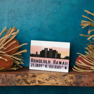 Honolulu Skyline Latitude und Longitude Tabletop Fotoplatte