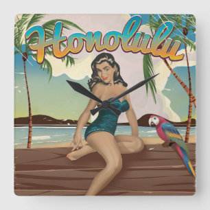 Honolulu Vintage Retro Reise Druck Quadratische Wanduhr