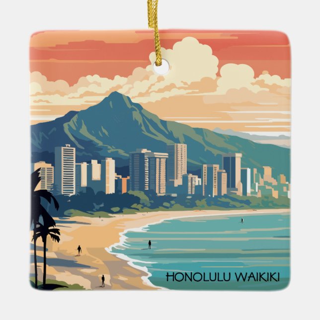 Honolulu Waikiki Beach Hawaii Panorama View Beach Keramikornament (Vorderseite)