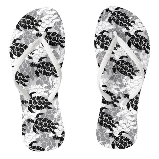 Honu Sea Turtle Hawaiian Tapa Black Flip Flops (Fußbett)