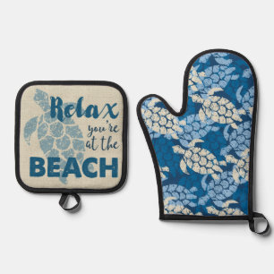 Honu Sea Turtle Hawaiian Tapa in Blues Ofenhandschuh & Topflappen-Set