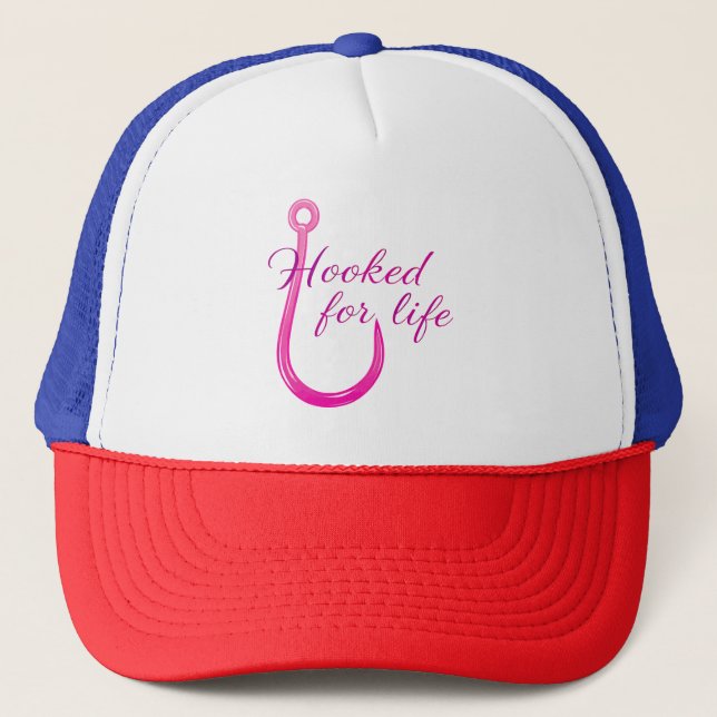 Hooked for Life Pink Fishing Hook Truckerkappe (Vorderseite)