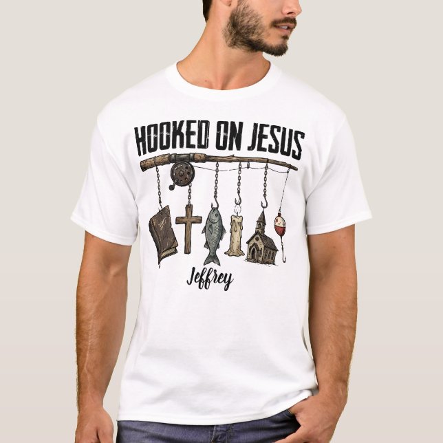 Hooked on Jesus Personalisiertes T-Shirt (Vorderseite)