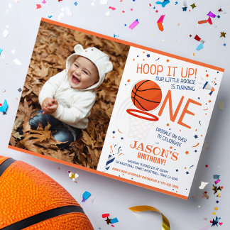 Hoop it Up Orange Foto Basketball 1. Geburtstag Einladung
