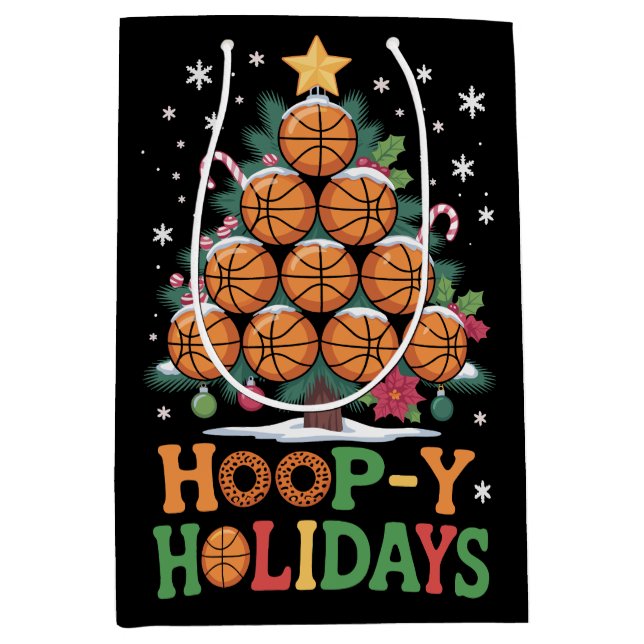 Hoop-y Holidays Basketball Christmas Holiday Sport Mittlere Geschenktüte (Vorderseite)
