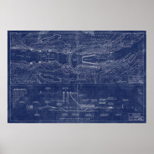 Hoover Dam Blueprint Style Schematic Poster