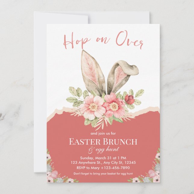 Hop auf über rosa Beige Osterbrunch Einladung (Vorderseite)
