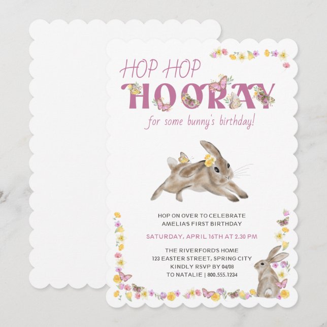 Hop Hooray Bunny und Butterbries Geburtstag Einladung (Vorne/Hinten)