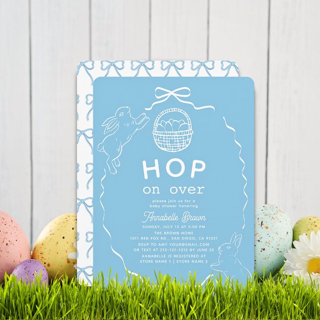 Hop on Over Blue Bow Bunny Boy Baby Shower Einladung (Von Creator hochgeladen)