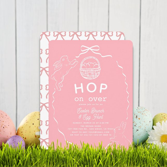 Hop on Over Pink Bow Bunny Easter Brunch Einladung (Von Creator hochgeladen)